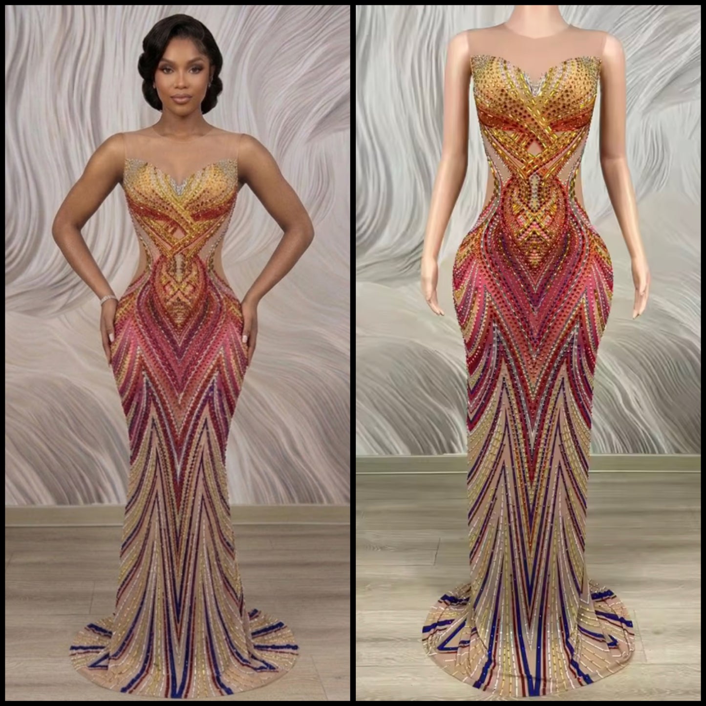 Elegant Multicolor Rhinestone Sleeveless Floor-Length Dress