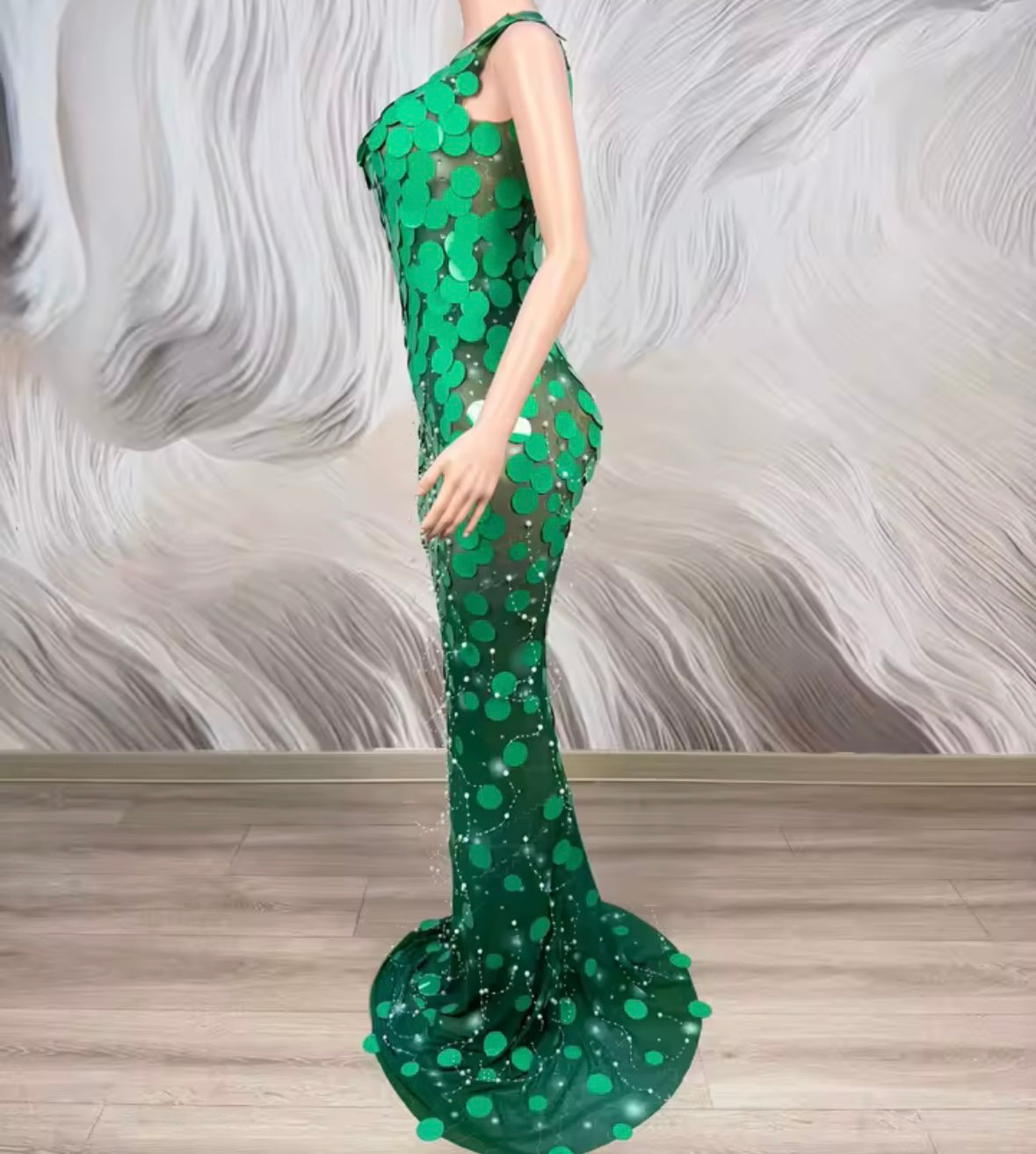 Green Sexy Sleeveless Round Sequins Mermaid Dress