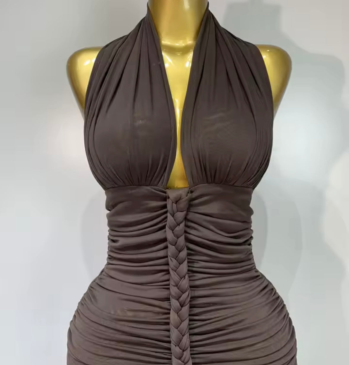 Sexy Brown Halter Sleeveless Ruched Maxi Dress