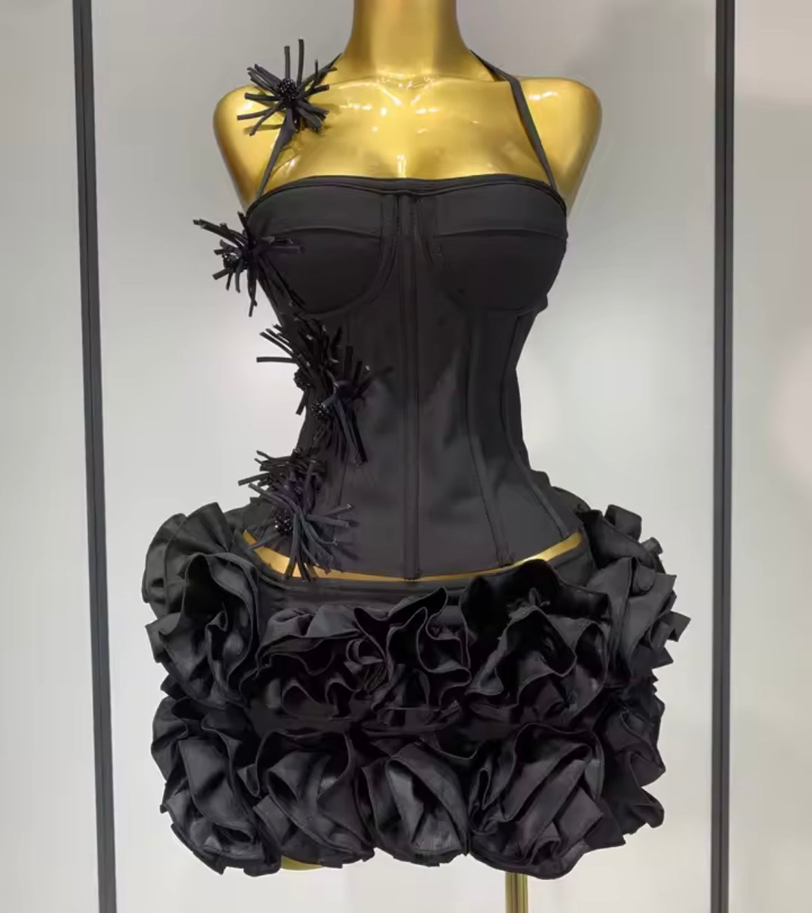 Sexy Halter Sleeveless Corset Top Two Piece Ruffled Skirt Set