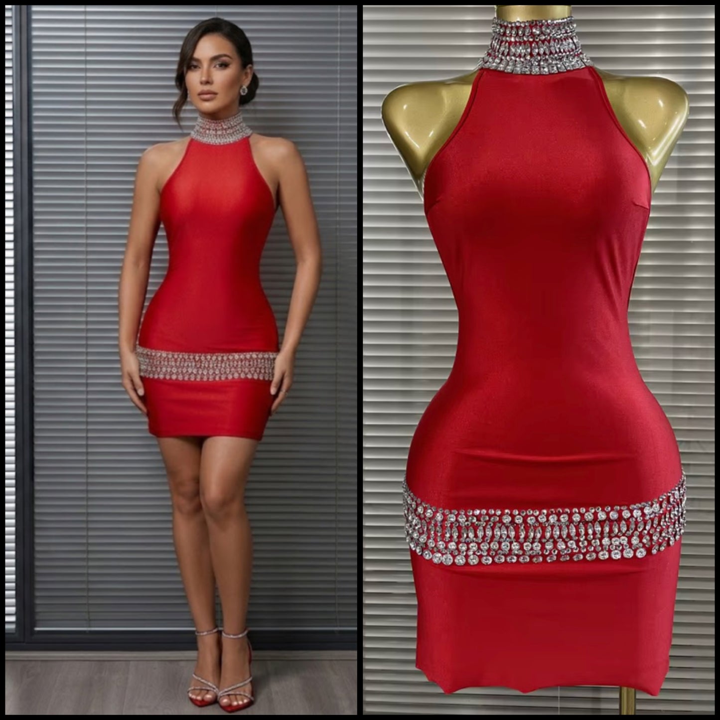 Sexy Halter Open Back Sleeveless Rhinestone Patchwork Dress