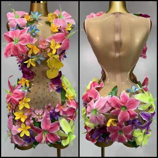 Sleeveless Floral Embellishment Rhinestone Sexy Dress