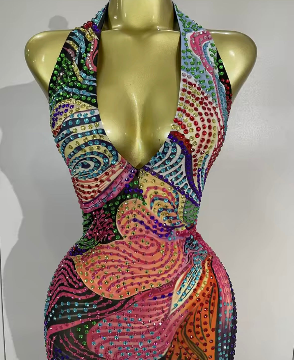 Sexy Halter Sleeveless Multicolored Rhinestone Maxi Dress