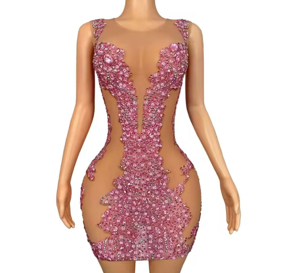 Sexy Sleeveless See Through Pink Beaded Rhinestone Dress