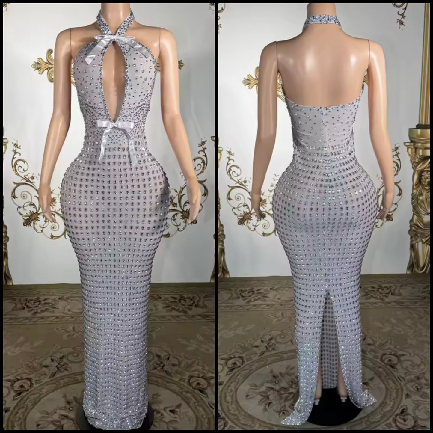 Sexy Silver Halter Sleeveless Bow Rhinestone Maxi Dress