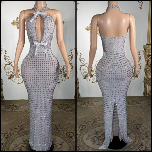 Sexy Silver Halter Sleeveless Bow Rhinestone Maxi Dress