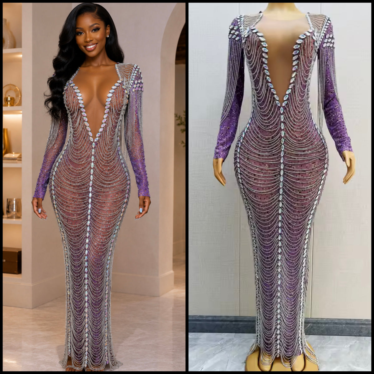 Sexy Purple Rhinestone Chain Full Sleeve Maxi Dress