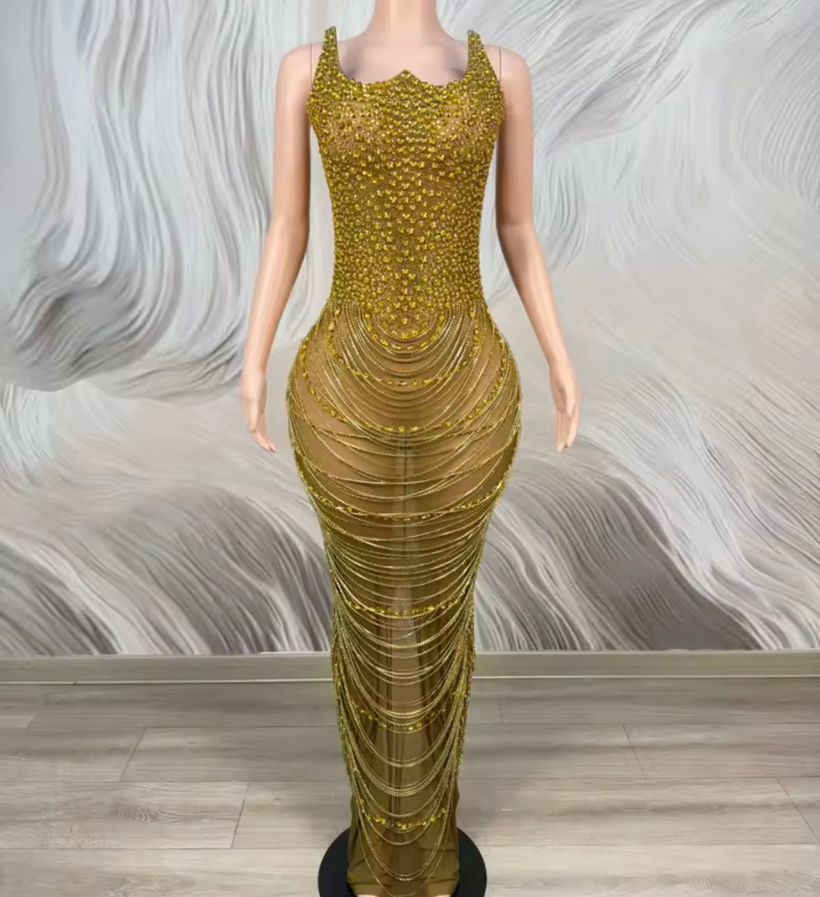 Sexy Rhinestone Strapless Chain Tassel Maxi Dress