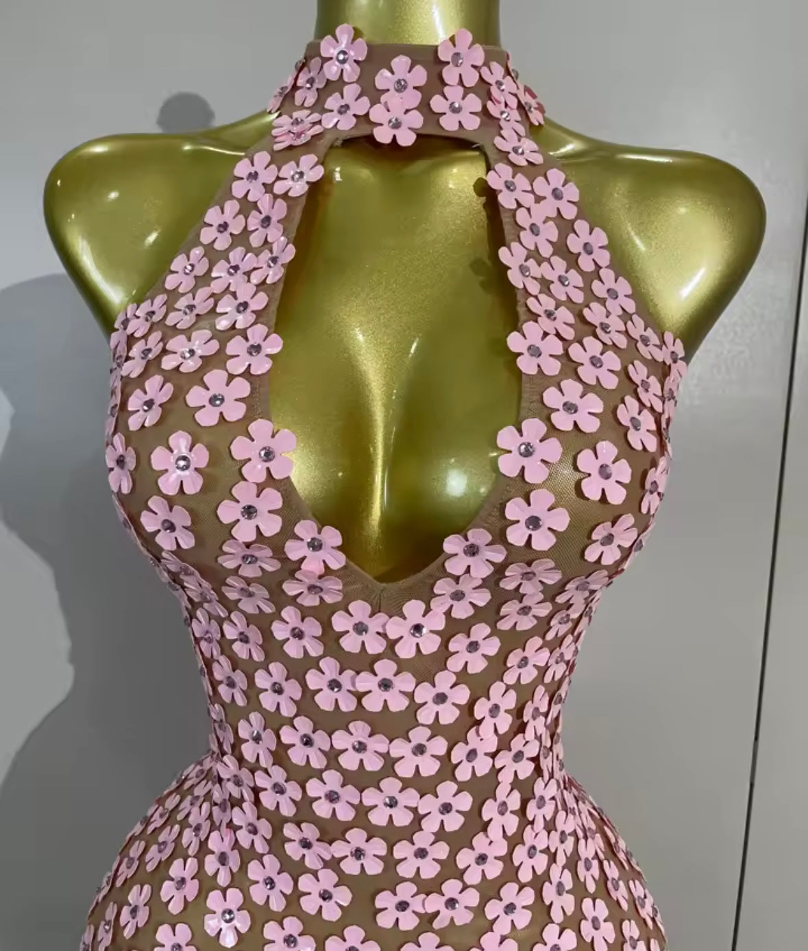 Pink Halter Sleeveless Floral See Through Sexy Dress