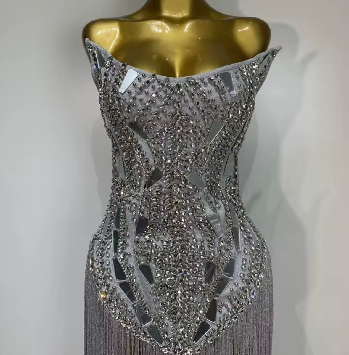 Sexy Silver Strapless Rhinestone Fringe Tassel Maxi Dress