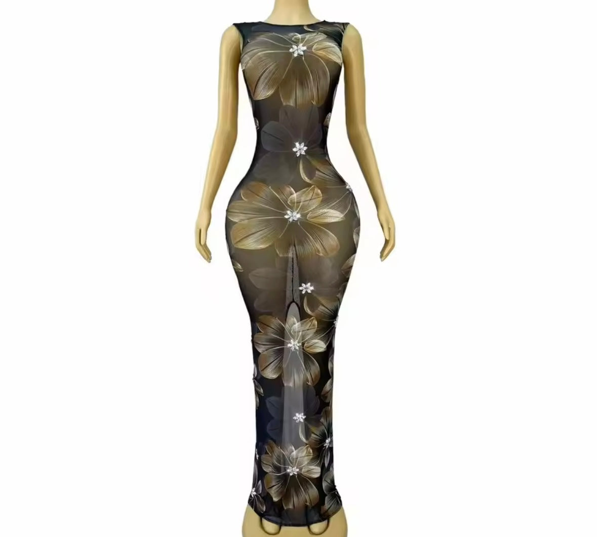 Sexy Black See Through Floral Floor-Length Dress