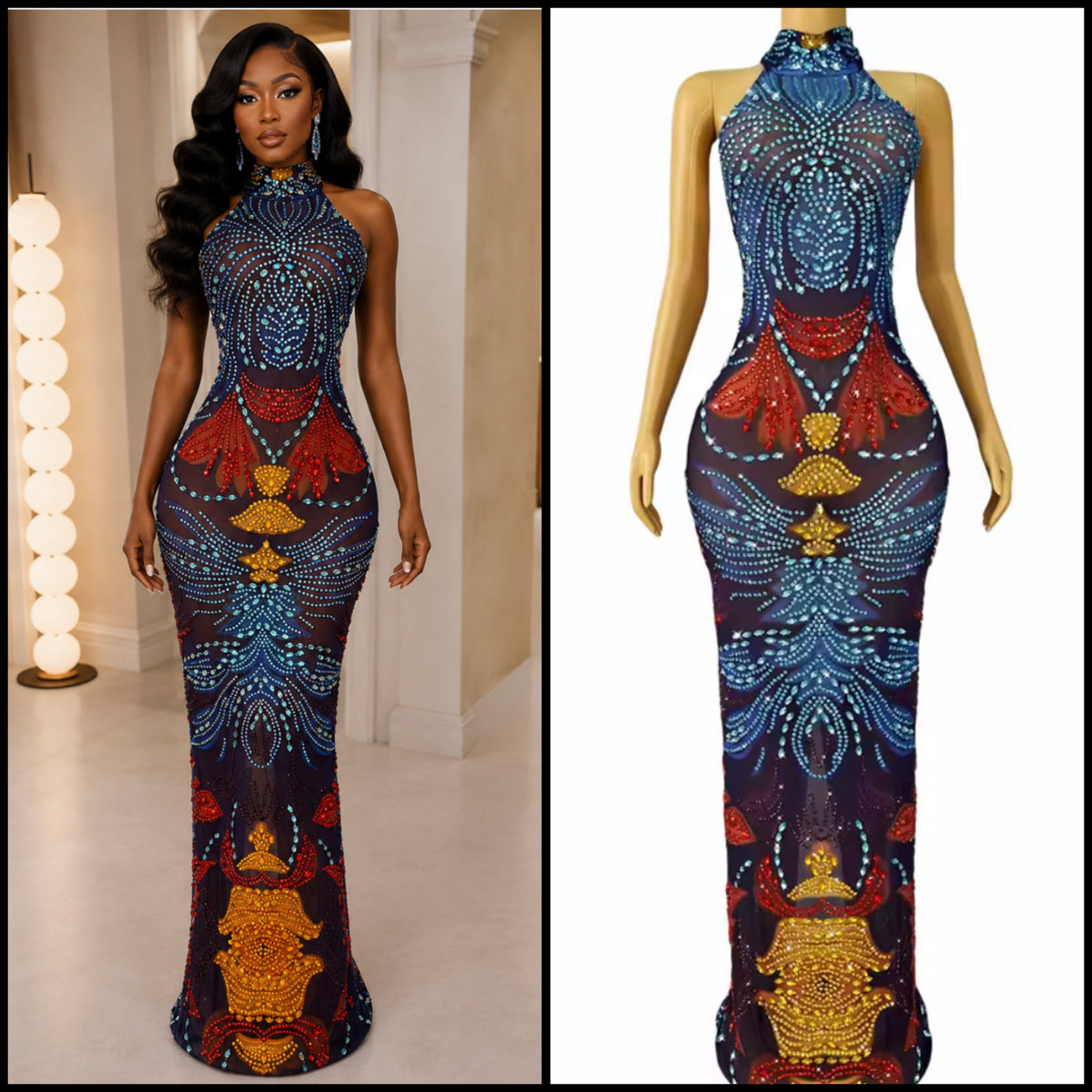 Sexy Halter Sleeveless Colorful Rhinestone Maxi Dress