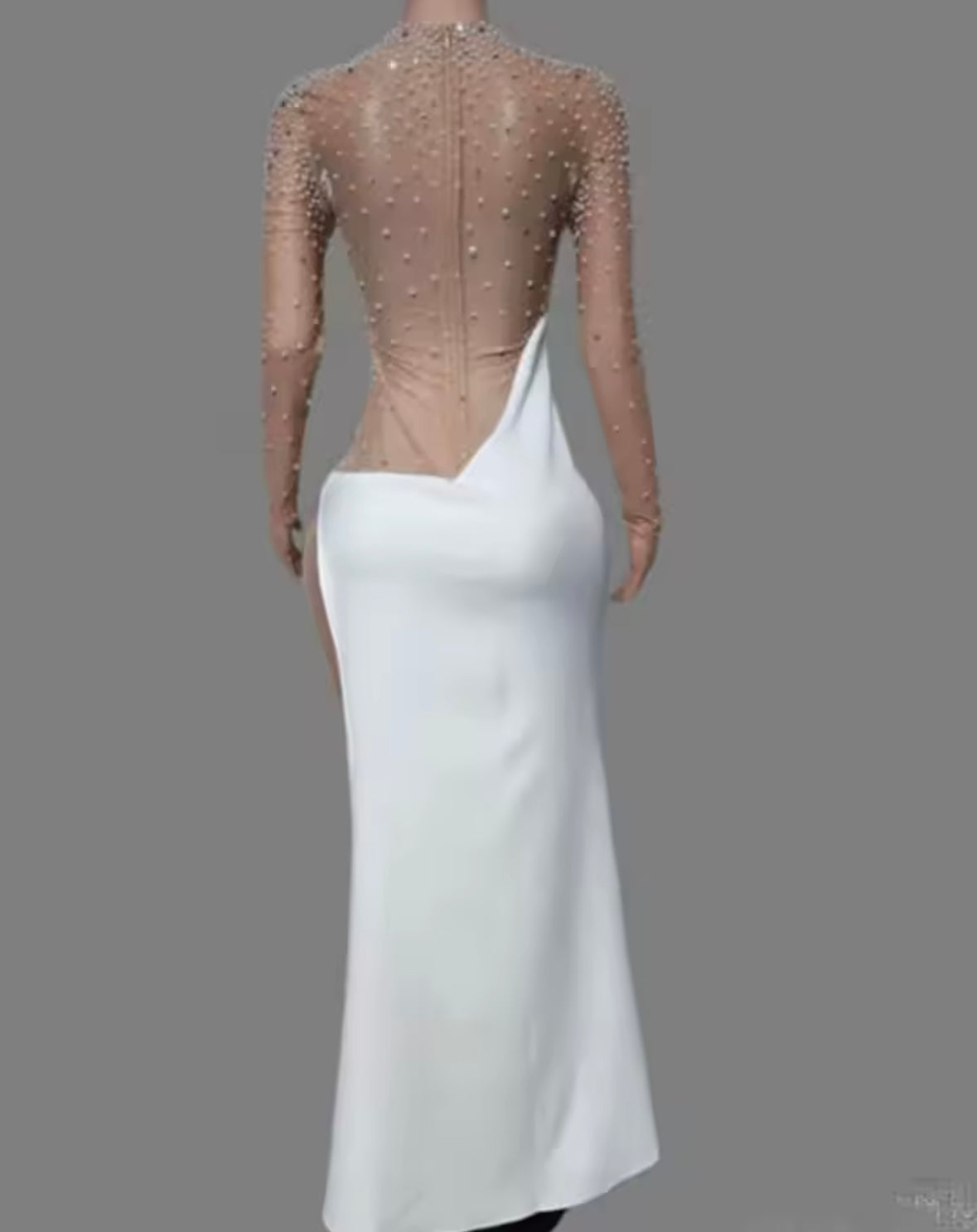 Sexy Beaded Rhinestone White Side Split Maxi Dress