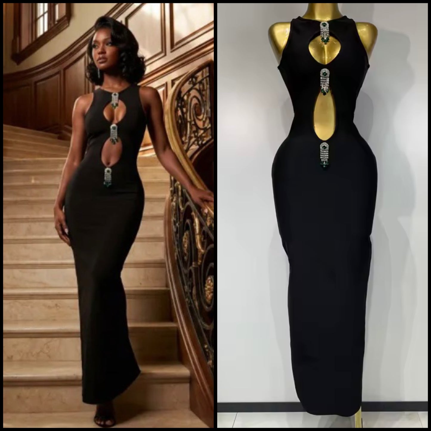 Black Sleeveless Crystal Tassel Hollow Out Maxi Dress