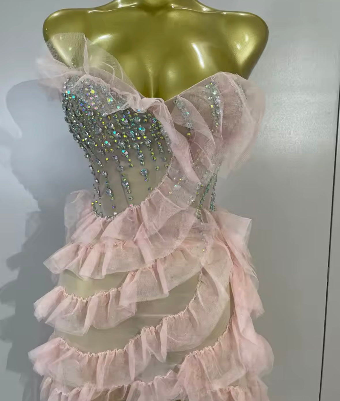 Pink Strapless Sexy Rhinestone Ruffle Asymmetrical Dress