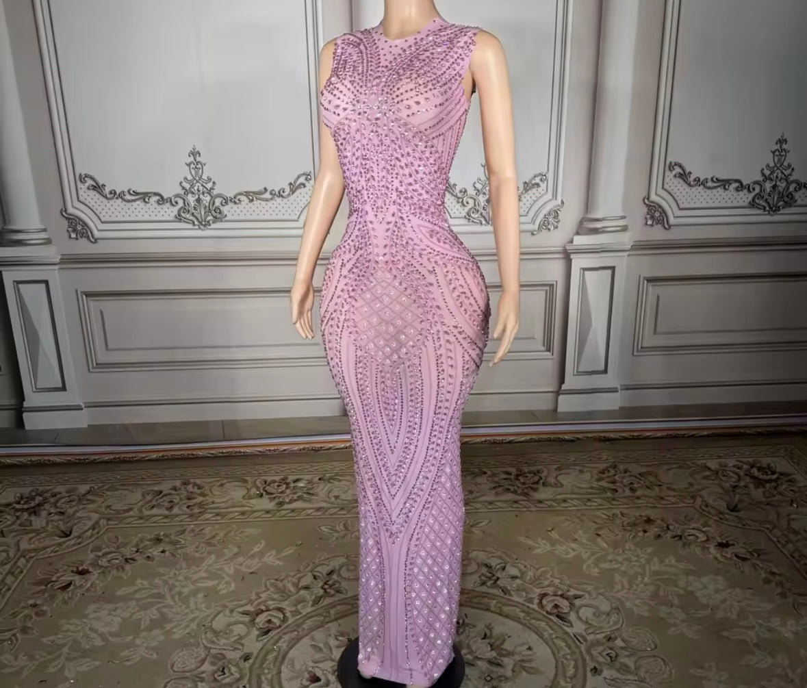 Sexy Pink Sleeveless Rhinestone Embellishment Maxi Dress