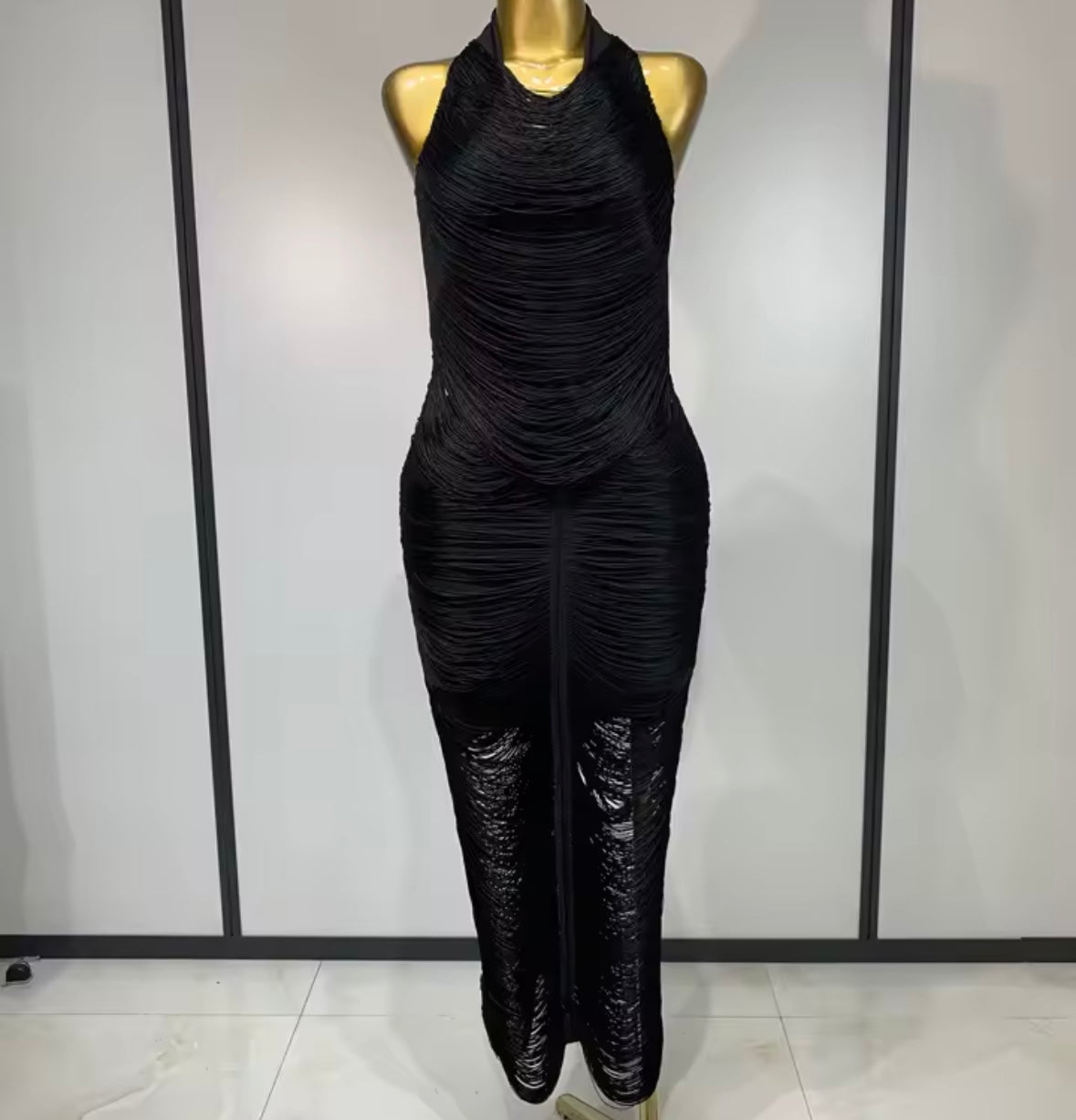 Sexy Black Halter Sleeveless Fringe Maxi Dress