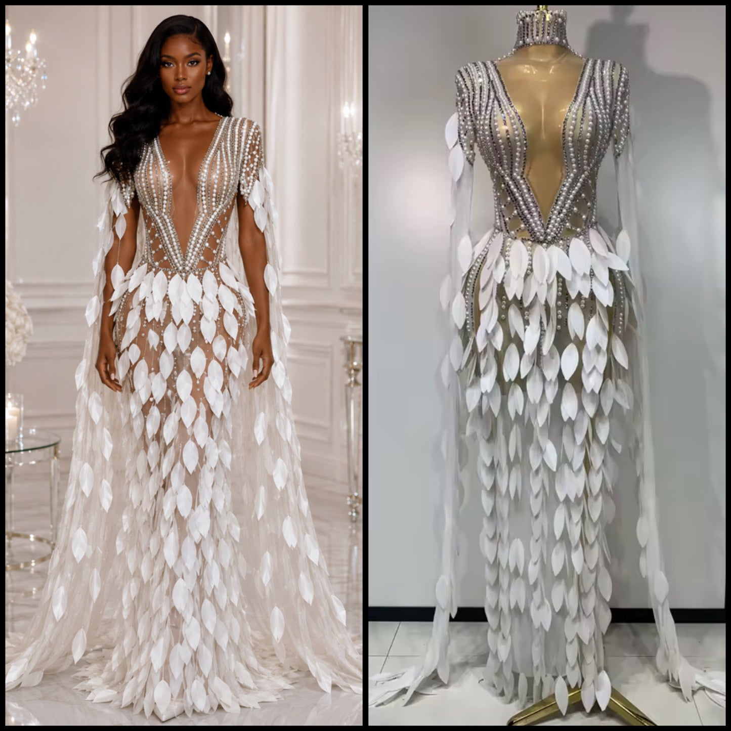 Sexy Pearl Rhinestone See Through Floor-Length Dress