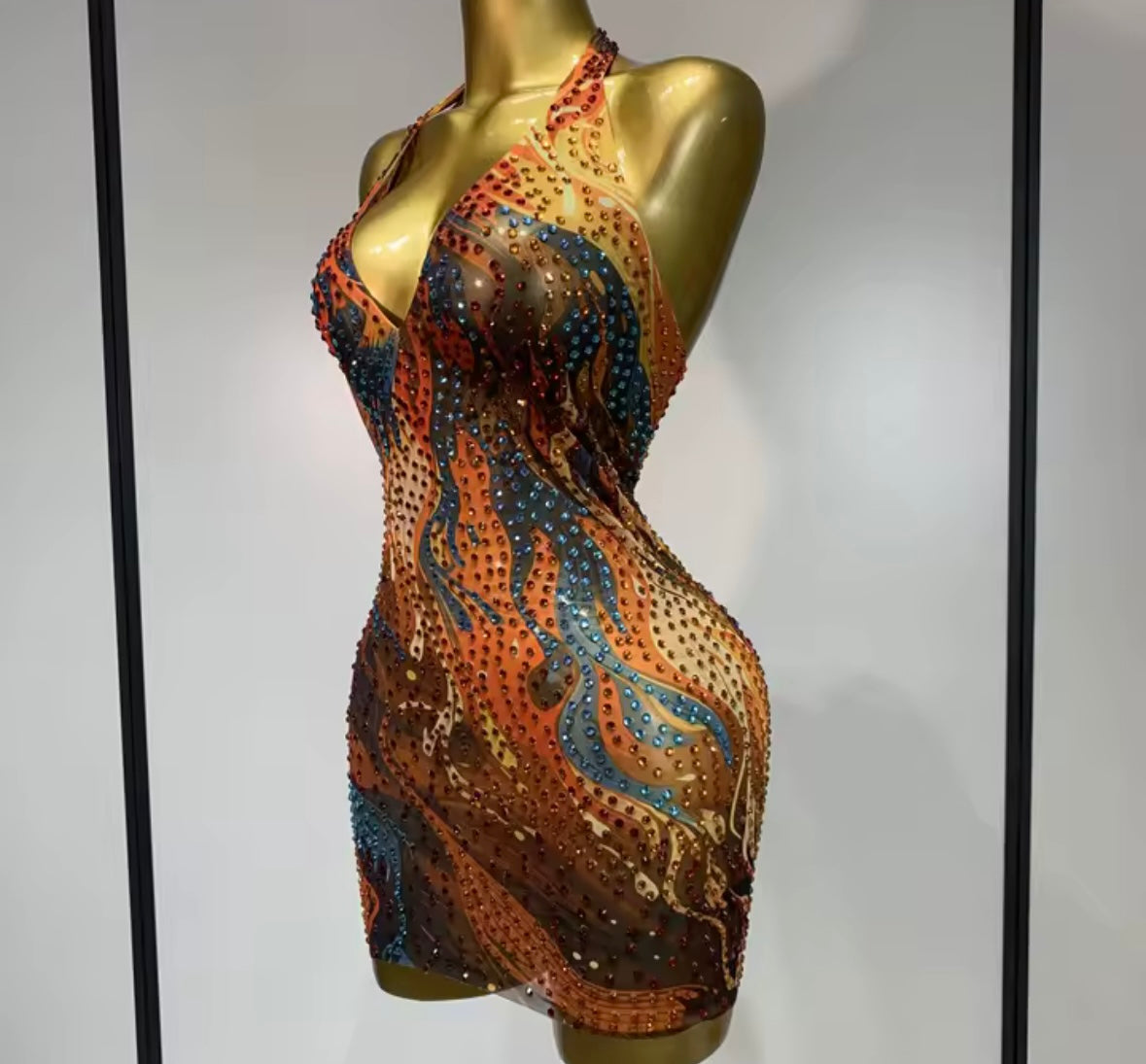 Sexy Halter Sleeveless Multicolored Rhinestone Dress
