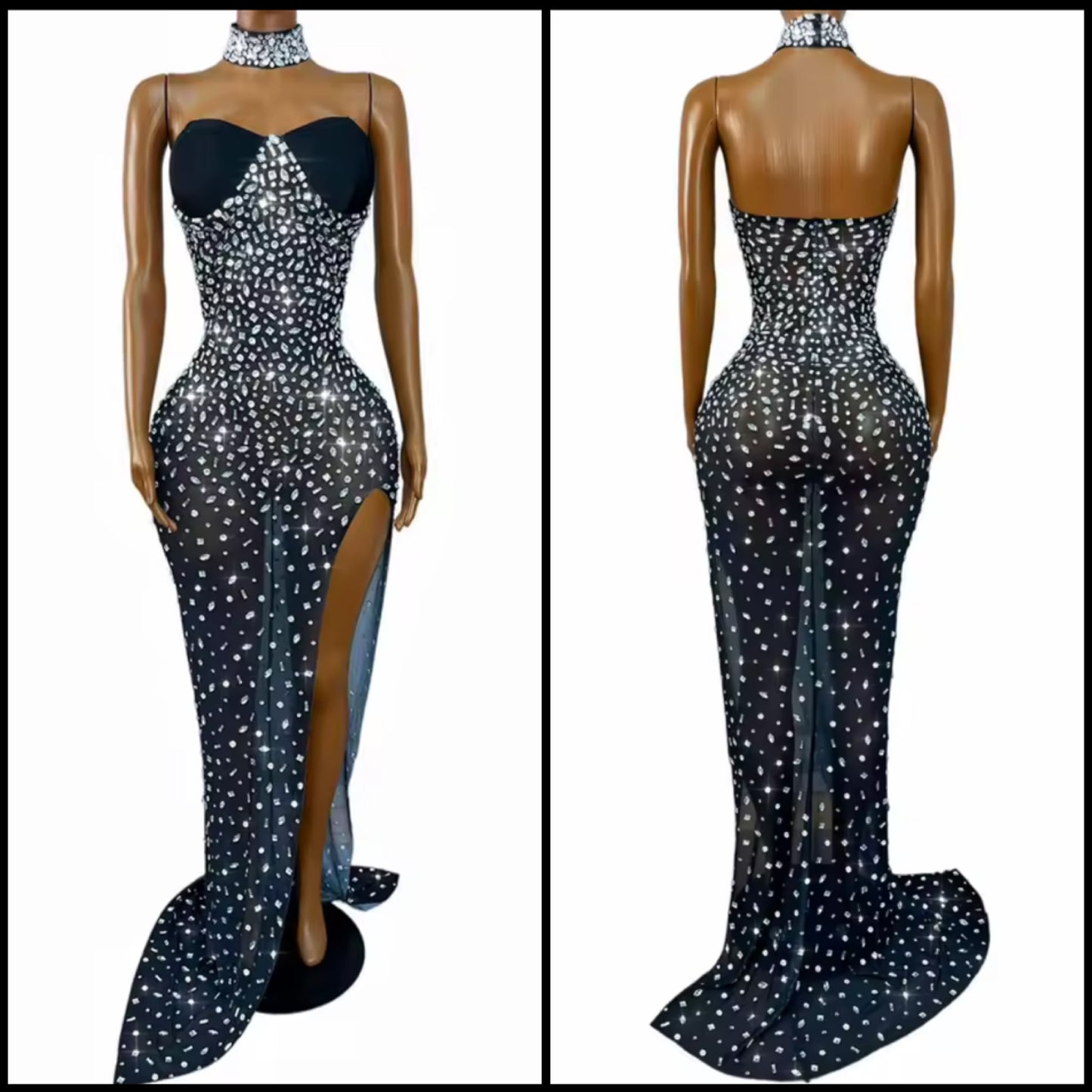 Sexy Choker Strapless Black Rhinestone Side Split Maxi Dress