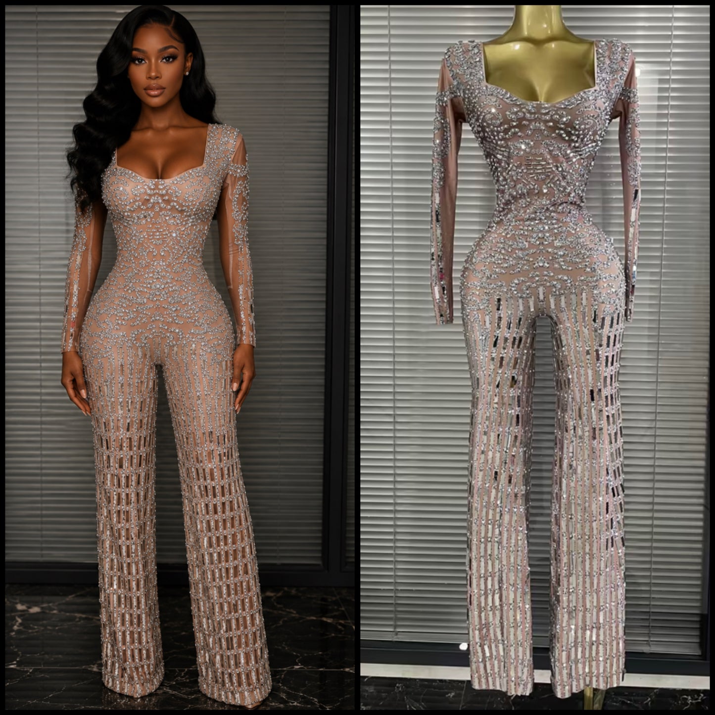 Elegant Rhinestone Mirror Full Sleeve Jumpsuit