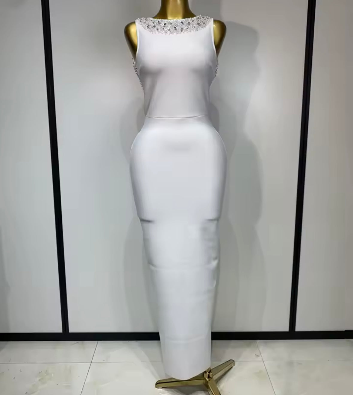 Sexy Sleeveless Rhinestone Pearl Open Back Maxi Dress