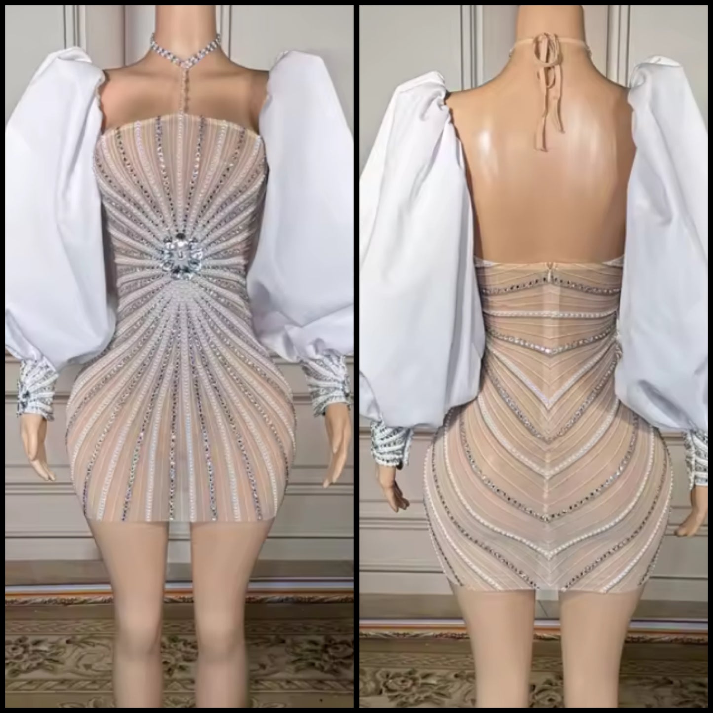 Rhinestone Halter Full Sleeve See Through Dress