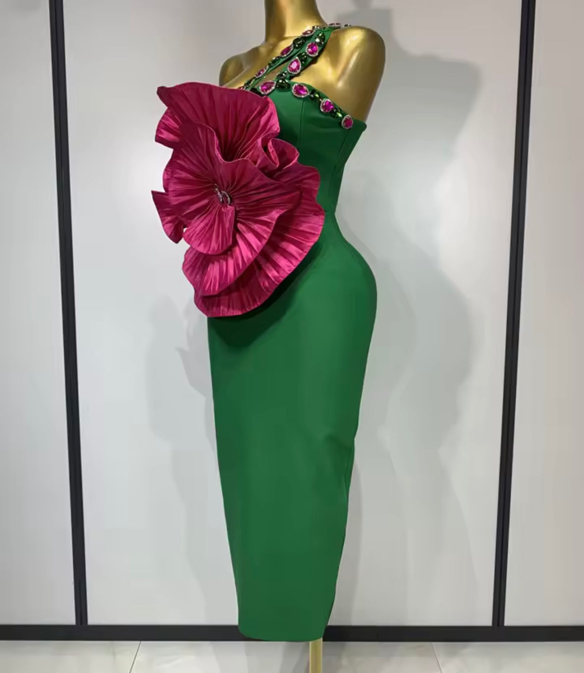 Green Elegant Crystal Floral Sleeveless Dress