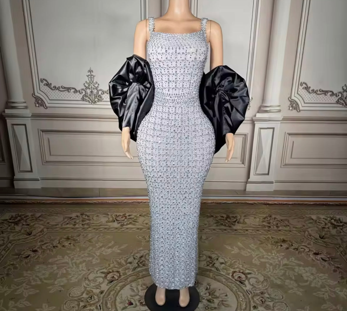 Rhinestone Embellishment Sexy Sleeveless Satin Glove Maxi Dress