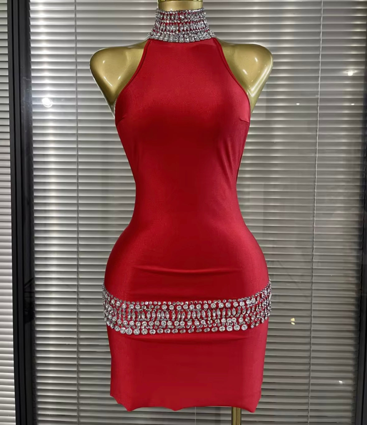Sexy Halter Open Back Sleeveless Rhinestone Patchwork Dress