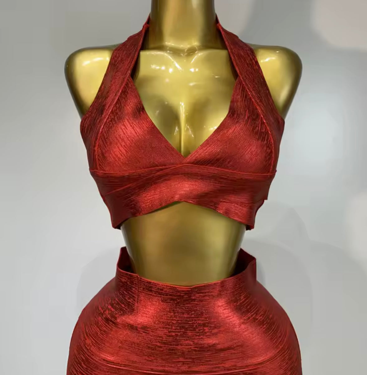 Sexy Red Halter Sleeveless Crop Two Piece Skirt Set