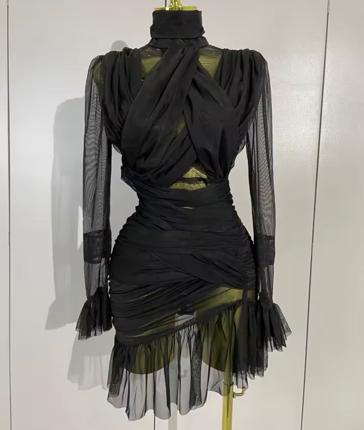 White Sexy See Through Ruched Ruffle Full Sleeve Dress