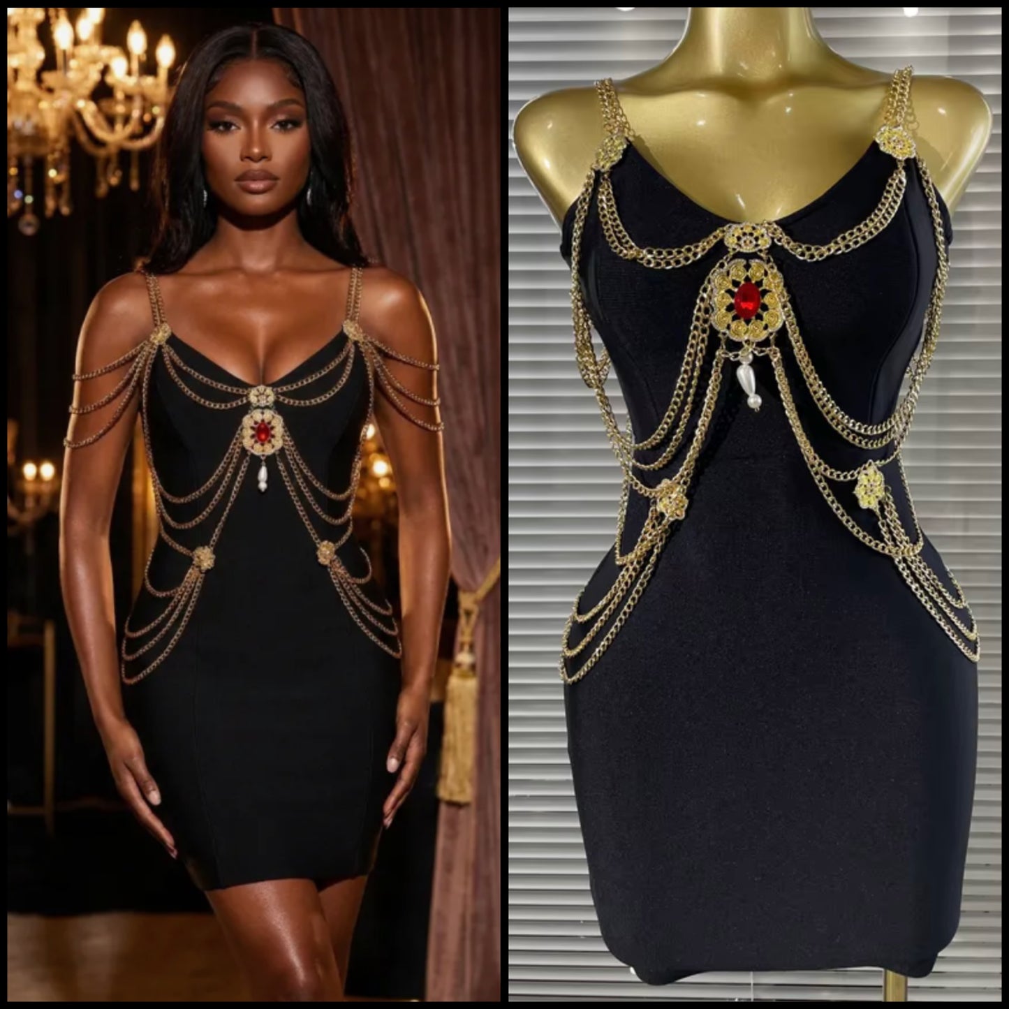 Black Sleeveless Crystal Chain Sexy Bandage Dress
