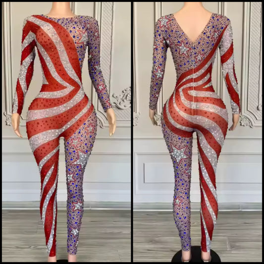 Sexy Striped Star Rhinestone See Through Full Sleeve Jumpsuit
