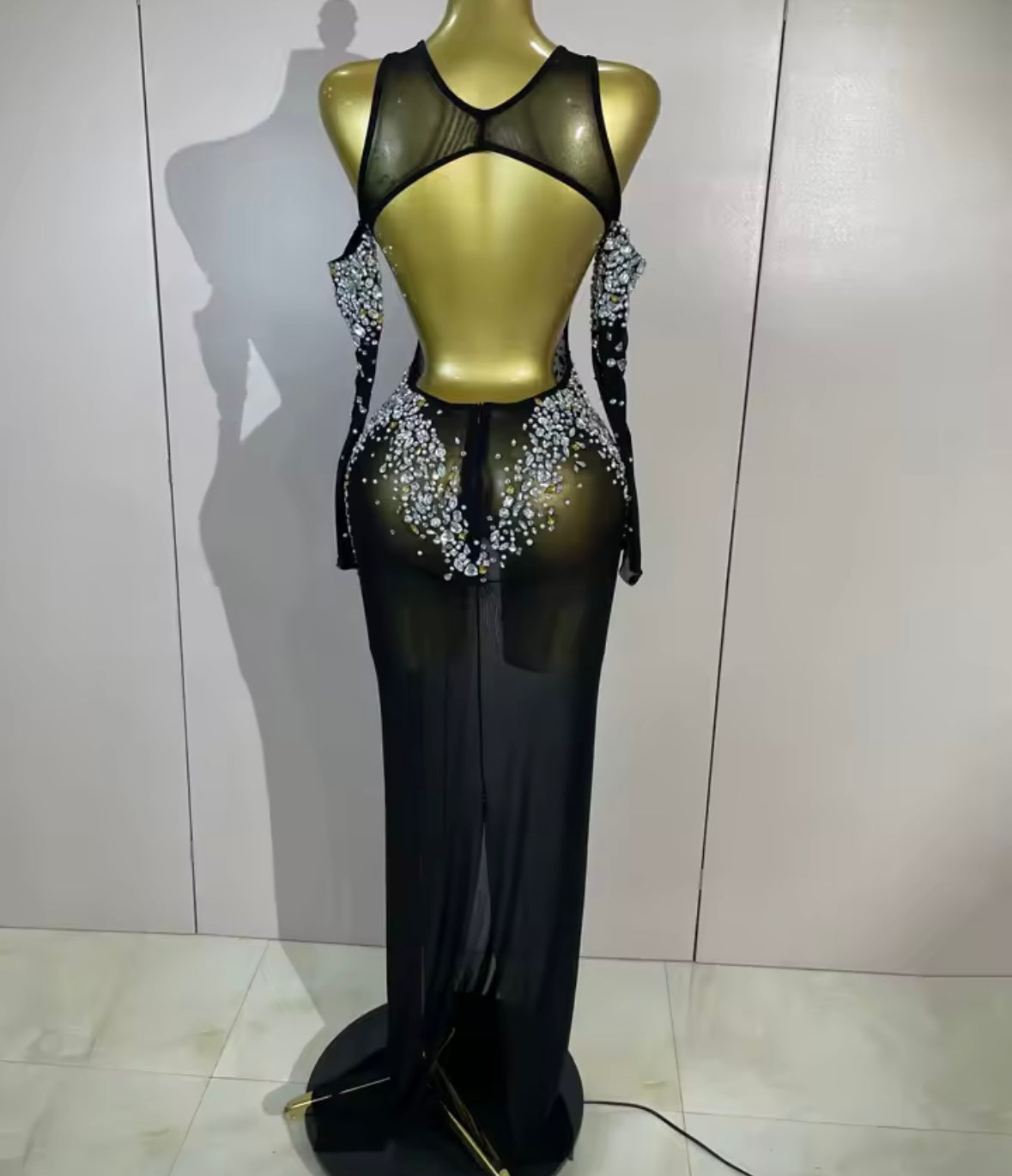 Sexy See Through Rhinestone Embellishment Floor-Length Dress