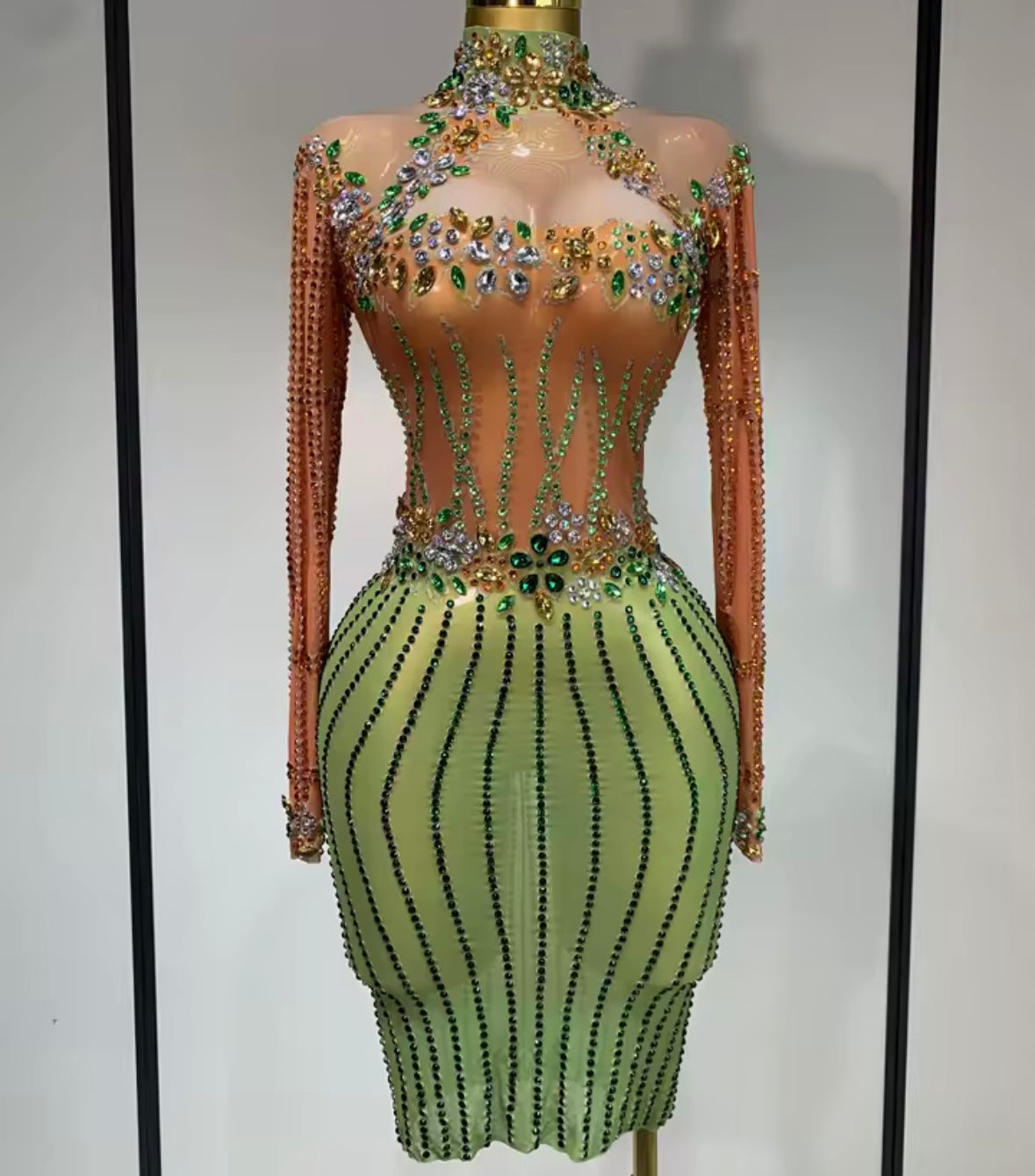 Sexy Color Block Rhinestone Full Sleeve Dress