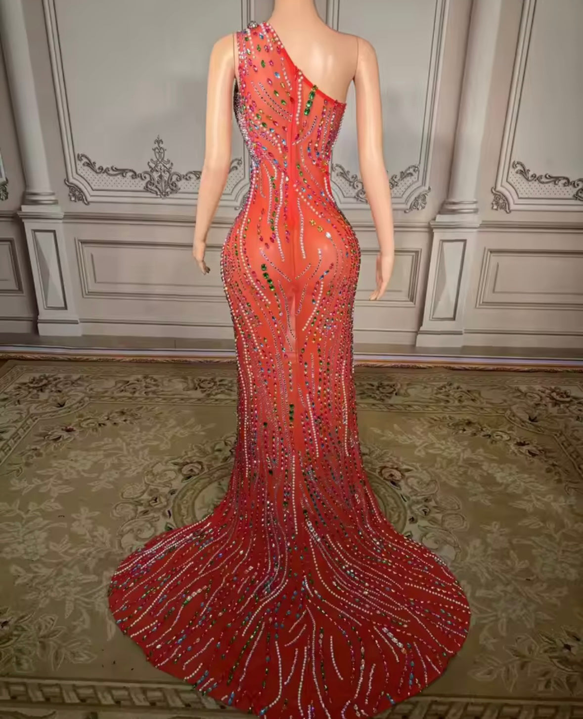 Sexy One Shoulder Sleeveless Rhinestone Side Split Maxi Dress