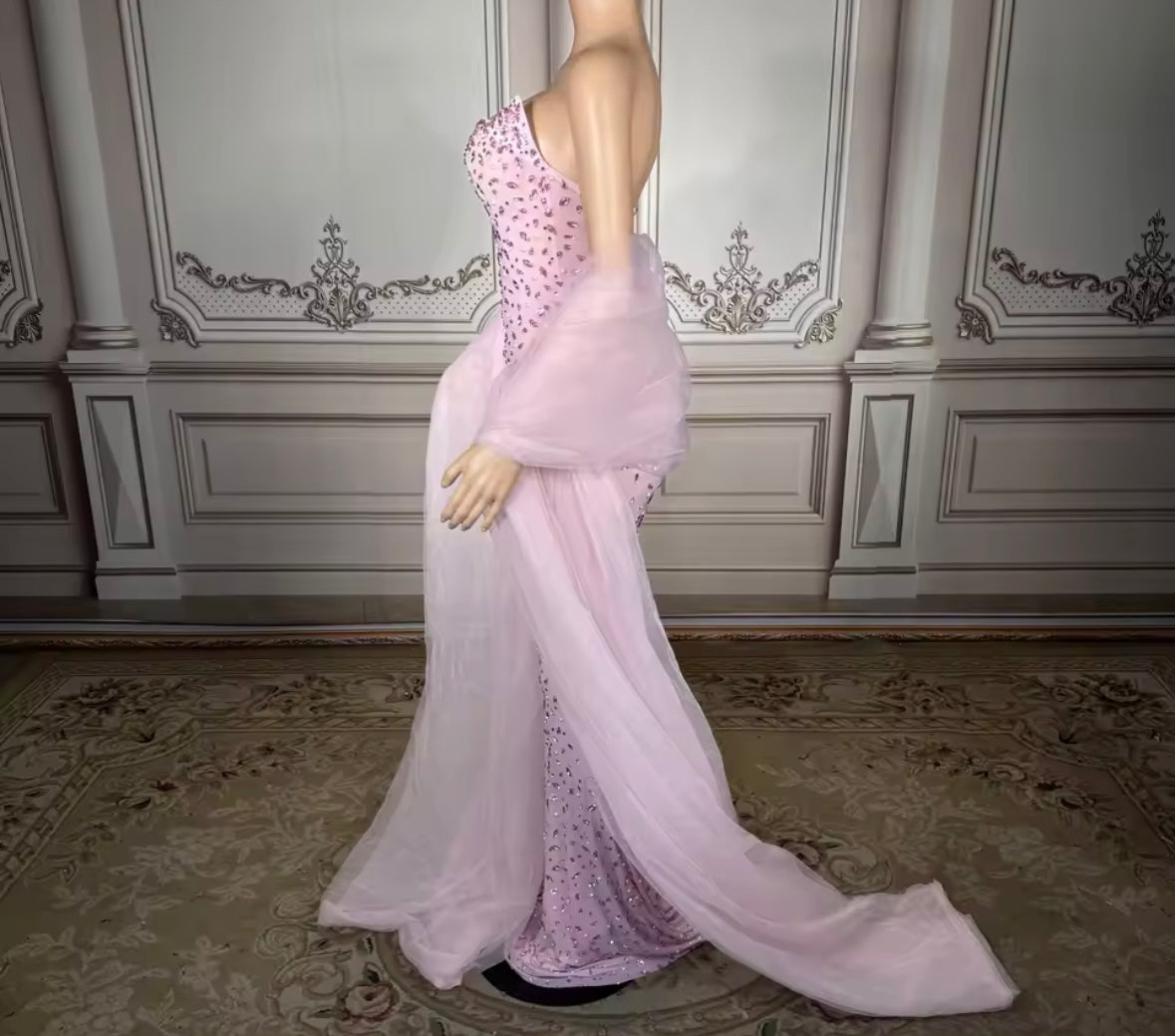 Pink Sexy Sleeveless Rhinestone Embellishment Floor-Length Dress