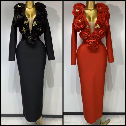 Elegant Floral Embellishment Full Sleeve Maxi Dress