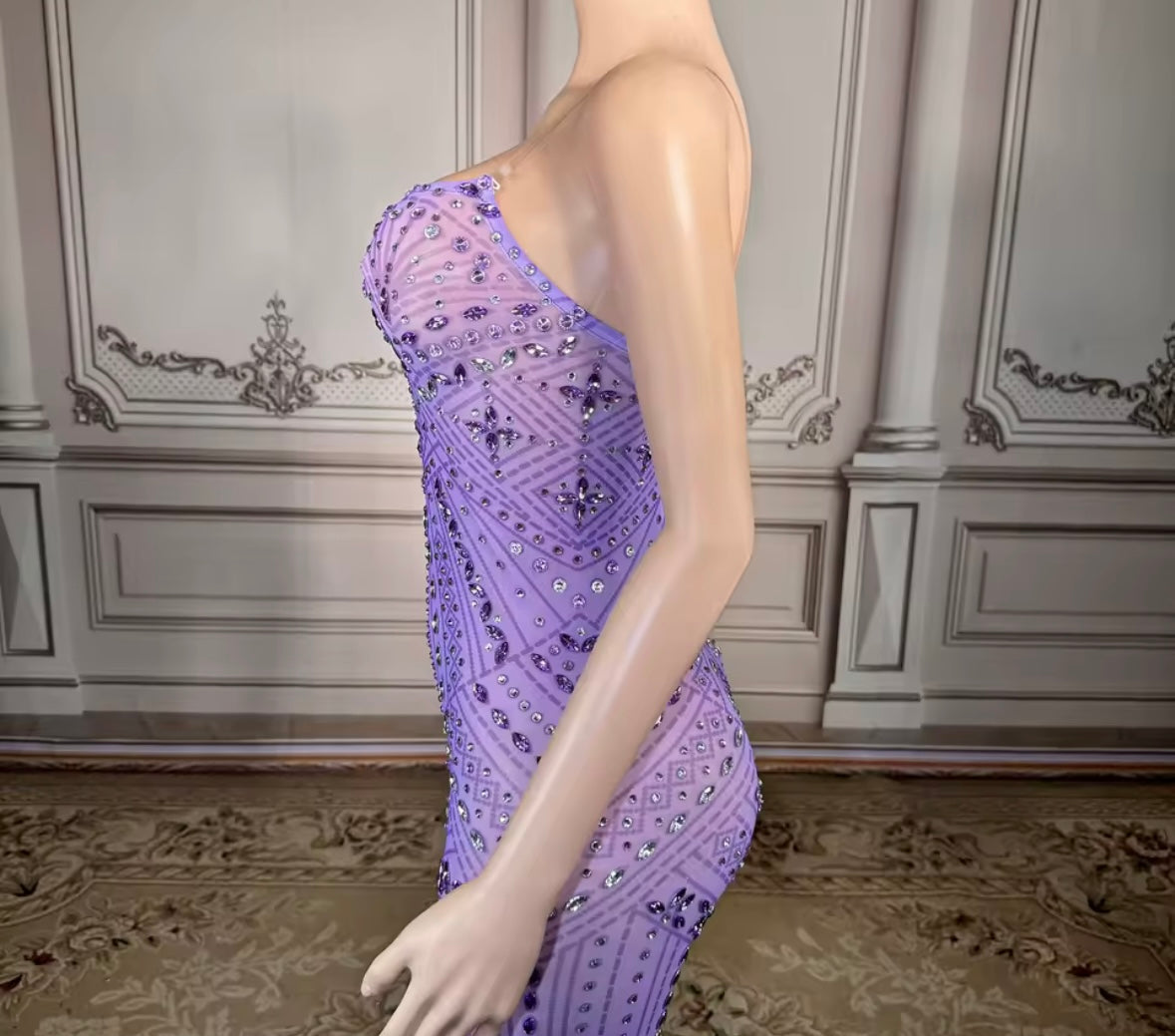 Sexy Sleeveless Rhinestone Purple Side Split Maxi Dress