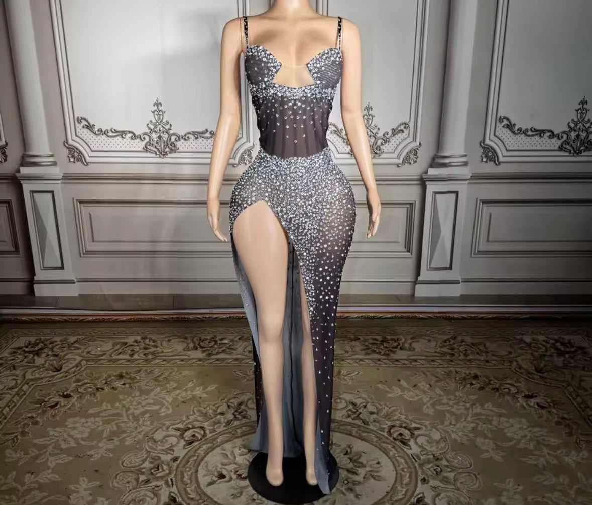 Black Sexy Sleeveless See Through Rhinestone Maxi Dress