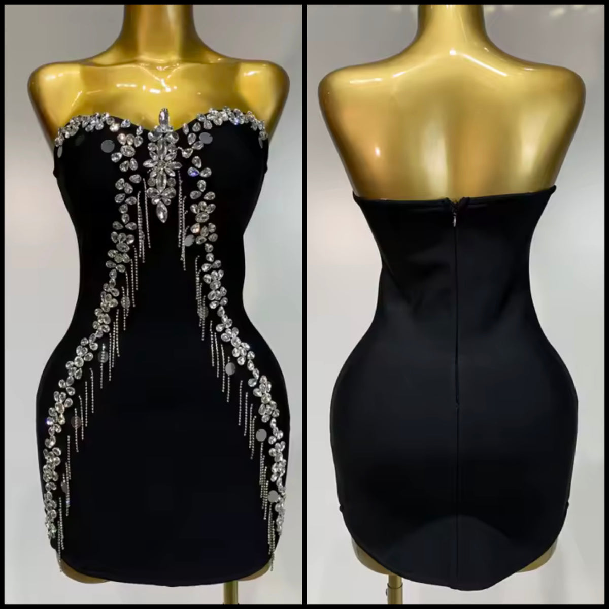 Sexy Black Strapless Rhinestone Tassel Bandage Dress