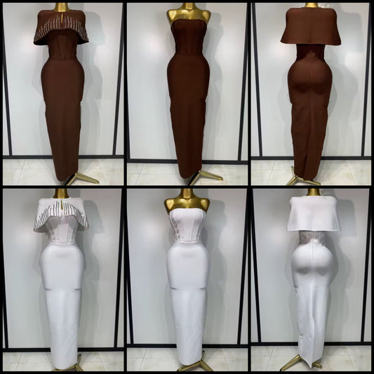Elegant Strapless Rhinestone Shawl Two Piece Maxi Dress