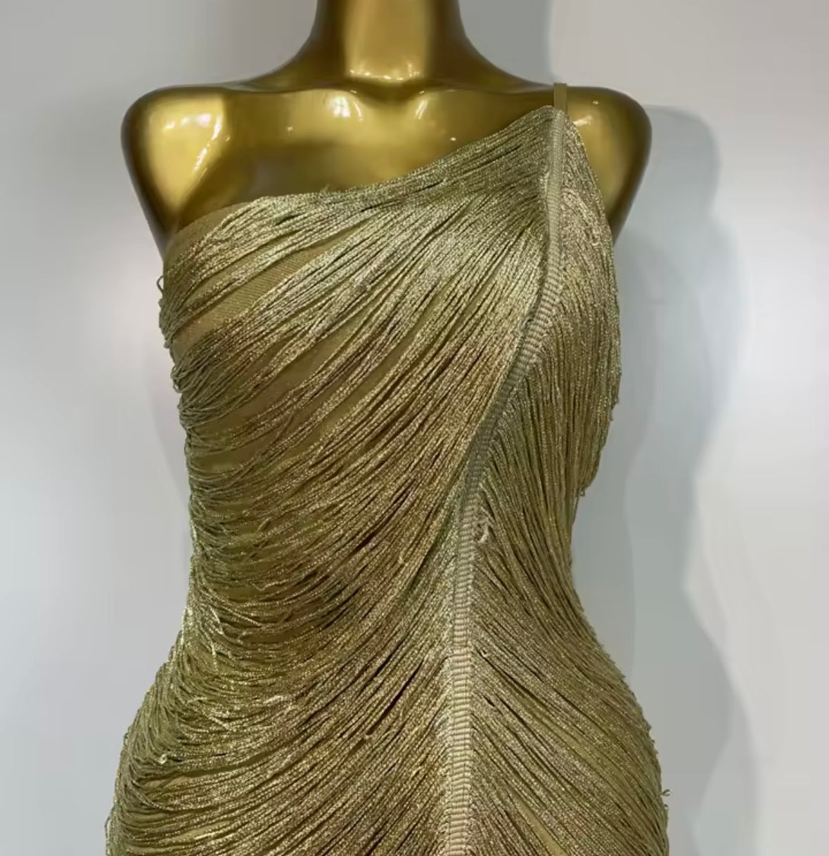 Sexy One Shoulder Gold Fringe Maxi Dress