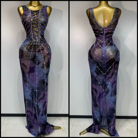 Sexy Sleeveless See Through Gradient Rhinestone Maxi Dress