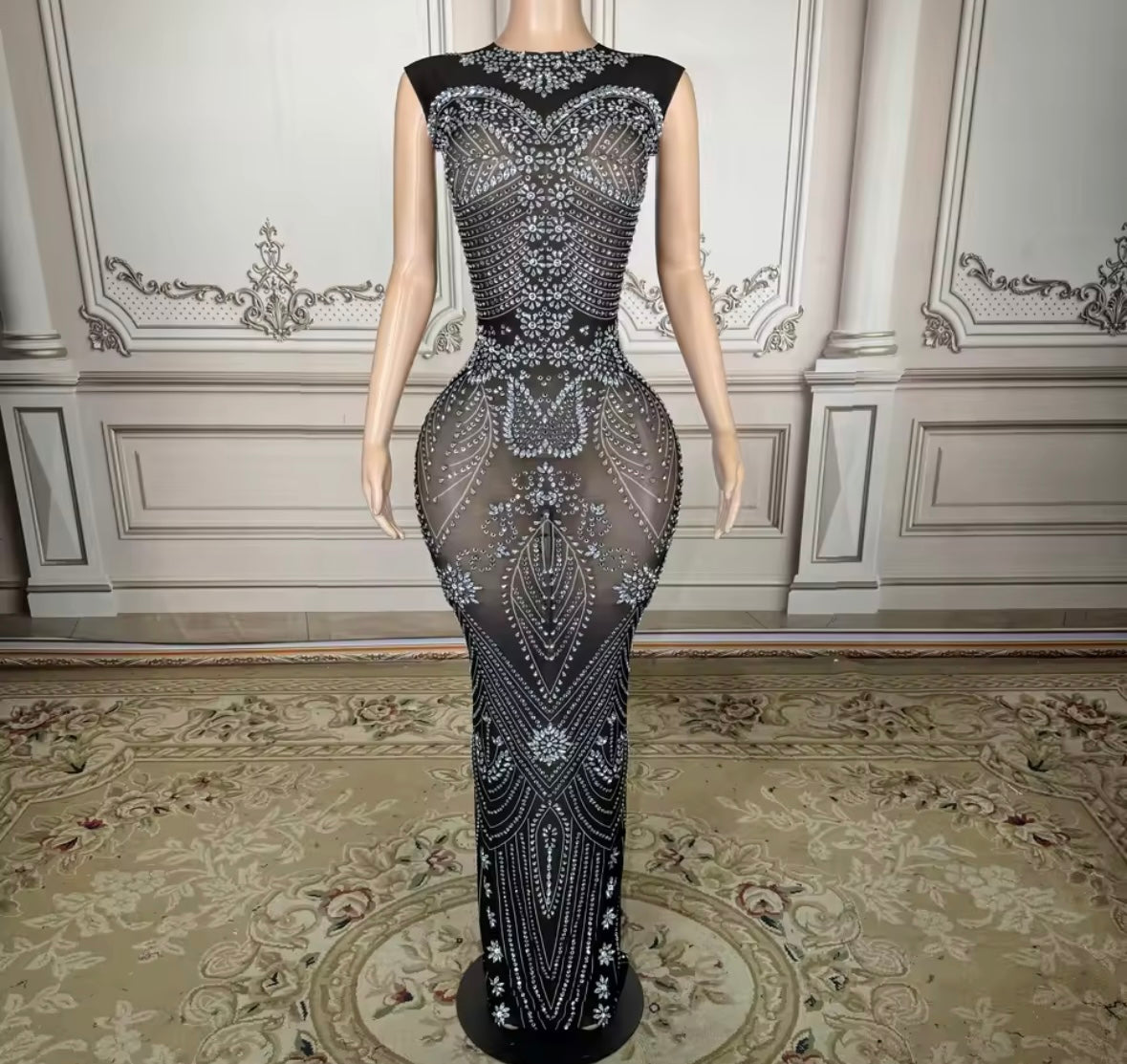 Sexy Sleeveless Black Rhinestone Embellishment Maxi Dress