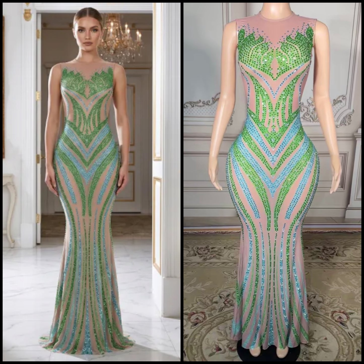 Sexy Rhinestone Sleeveless Floor-Length Dress