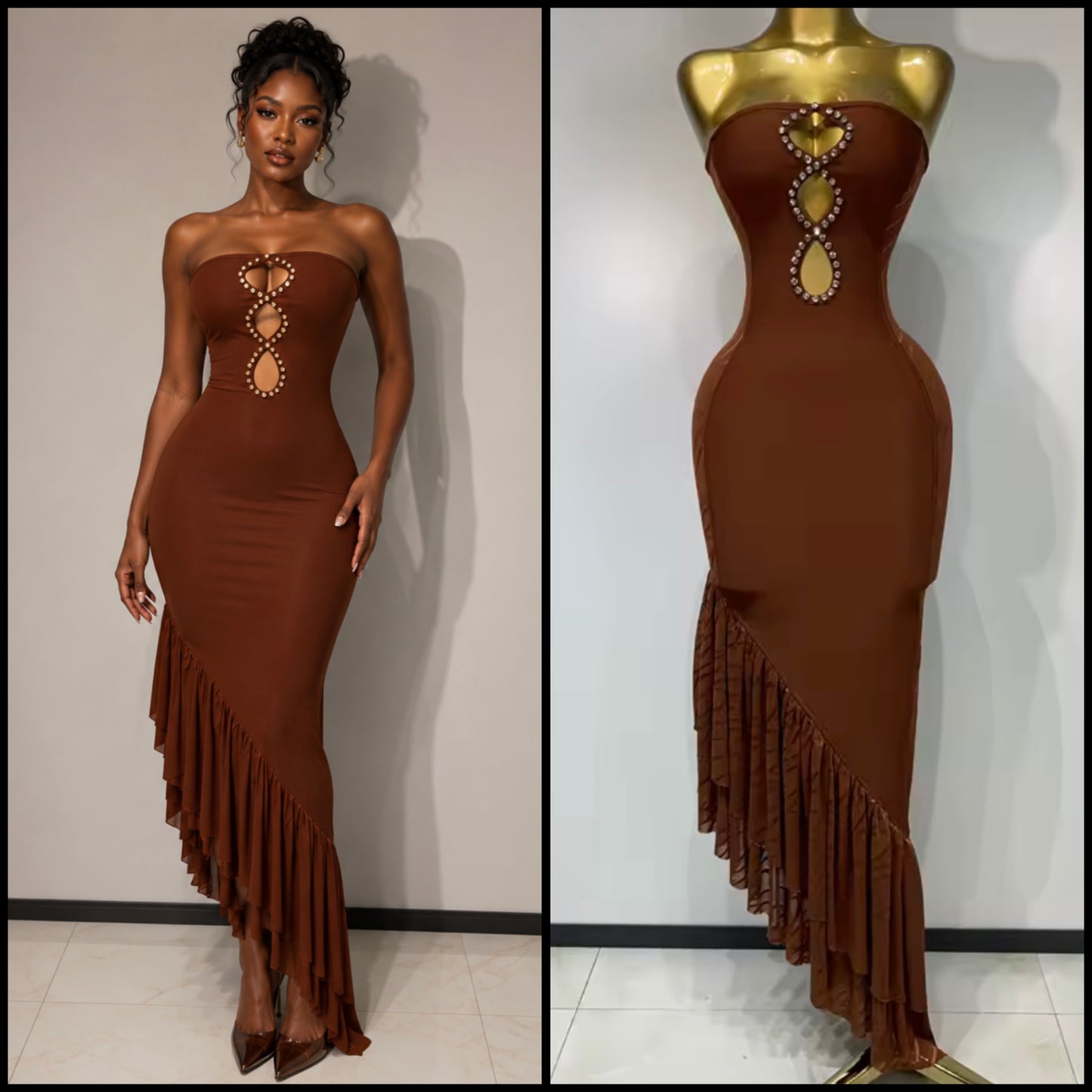Brown Sexy Strapless Cut Out Rhinestone Ruffle Maxi Dress