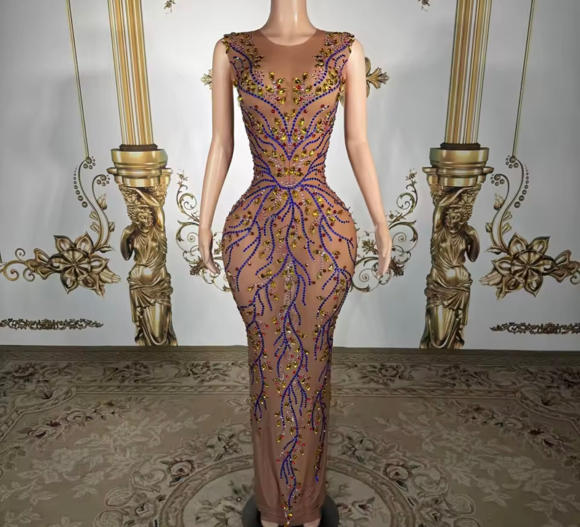 Sexy Sleeveless Multicolored Rhinestone Maxi Dress