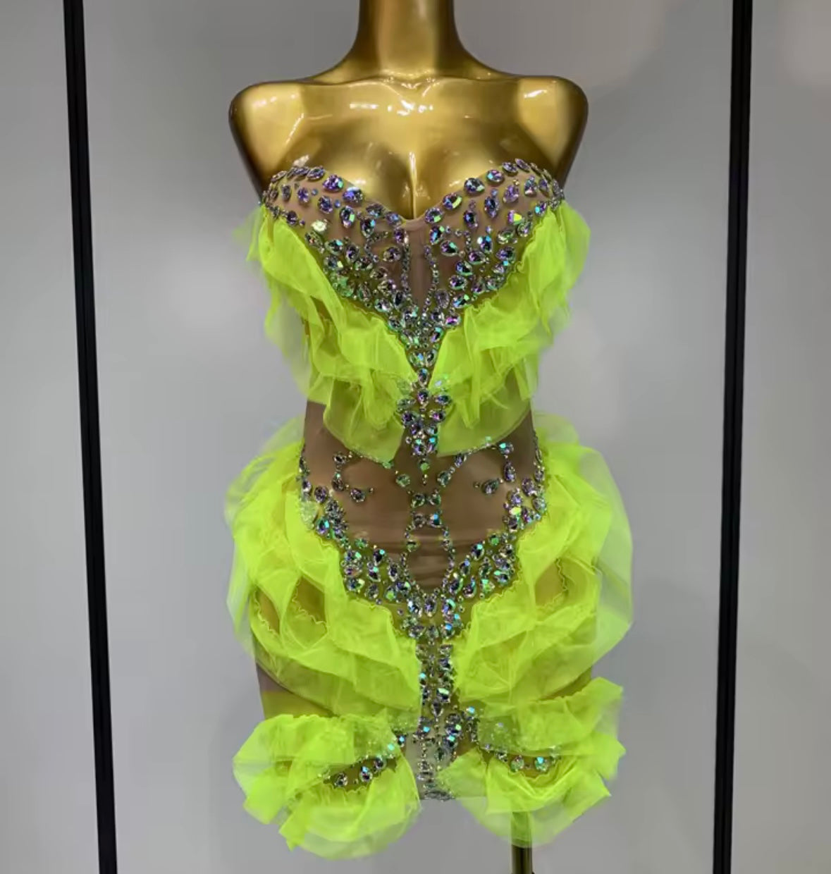 Sexy Strapless Rhinestone Ruffle See Through Dress